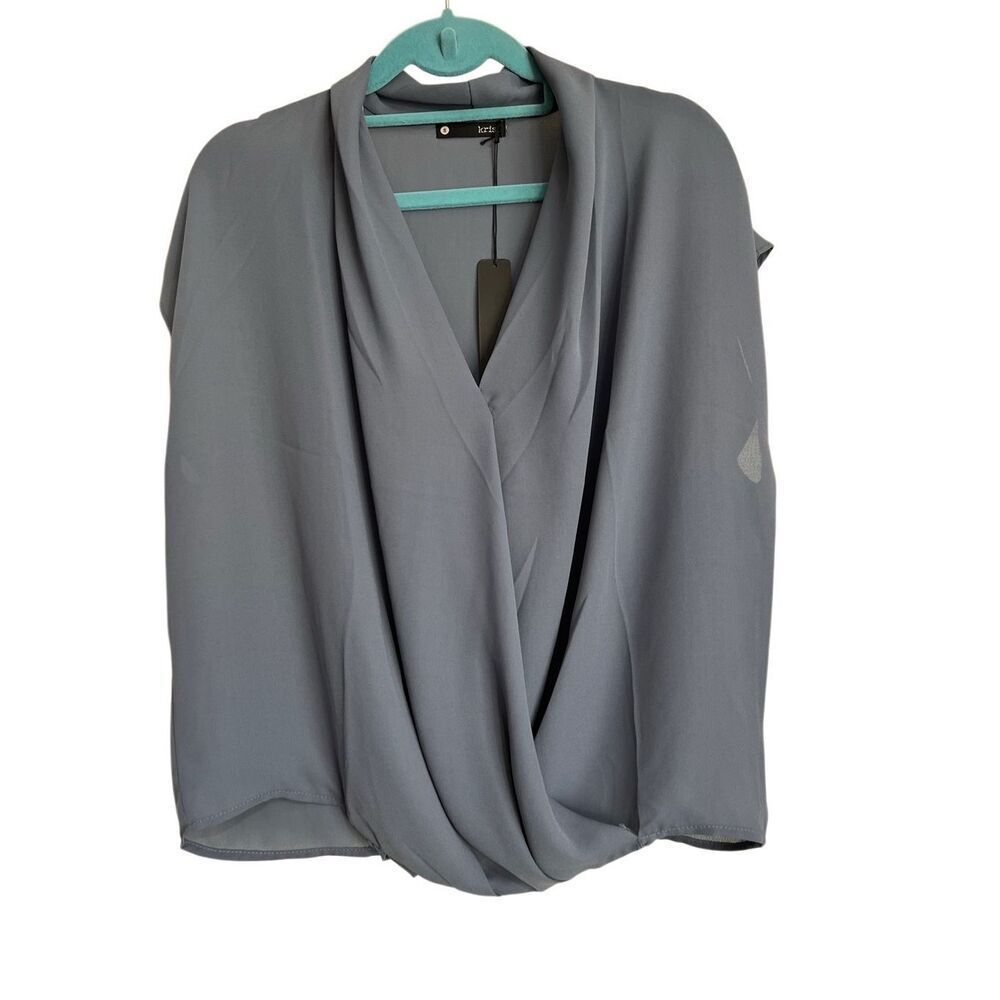 Revolve Krisa Blouse‎ Womens Size Small Slate Blue Surplice Neck Cap Sleeve Boxy